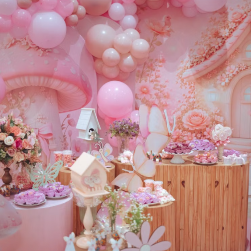 On-site Decor & Setup Service: Pink Mushroom Fairy-Tale Cottage Theme