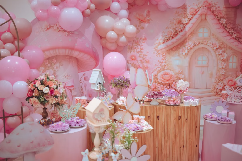 On-site Decor & Setup Service: Pink Mushroom Fairy-Tale Cottage Theme