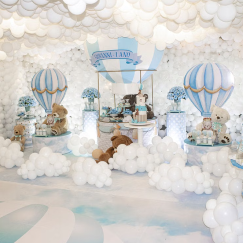 Dreamy Baby-Themed Party Decor Service: Blue & White Hot Air Balloon